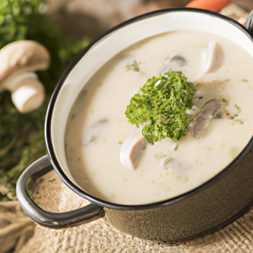 A creamy chicken and mushroom soup, garnished with fresh herbs, served in a Dutch oven.