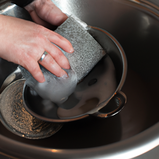 A person cleaning stainless steel cookware with a non-abrasive sponge.