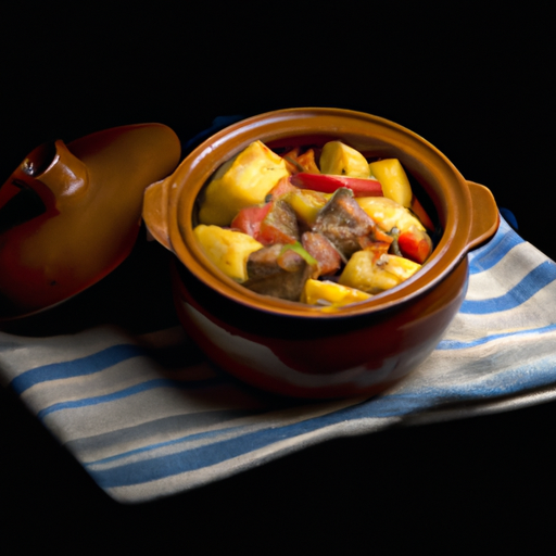 A hearty Dutch oven stew filled with tender meat and vegetables.