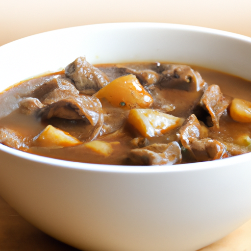 A steaming bowl of hearty beef stew, perfect for warming up on a cold winter's day.